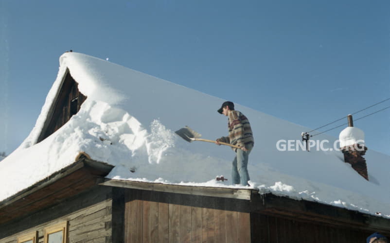 Traditional house - Shovelling snow.