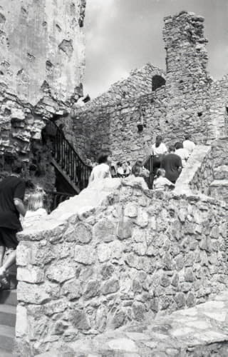 Tourists at Strecno Castle.