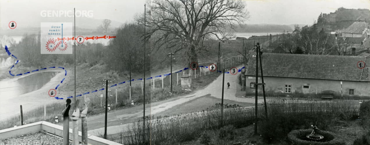 Traces of an illegal attempt to cross the border between the Czechoslovak Socialist Republic and Austria.
Original photo description: 
a) View of the Hankova family's apartment and the path to the border.
b) View of the Hankova family's path through the Danube riverbed.