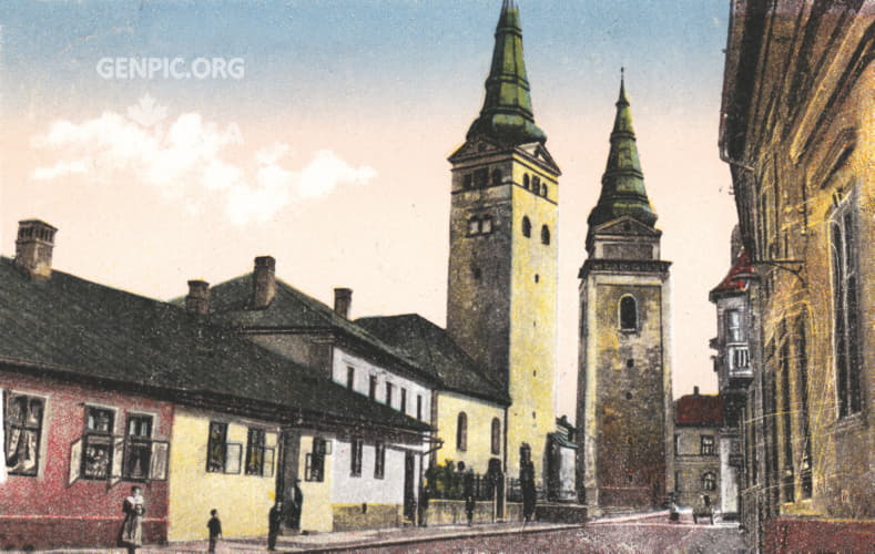 City center. Dolny val Street. Holy Trinity Cathedral (Parish Church) and Burianova veza (tower).