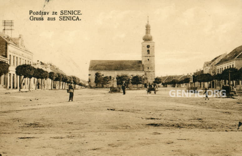 City center. Namestie Oslobodenia Square. Visitation of the Virgin Mary Roman Catholic Church.