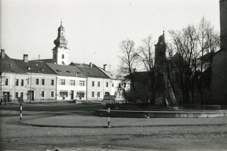 Namestie banikov square. On the left the Cathedral of the Assumption of the Blessed Virgin Mary. On the right St. Anne's Franciscan Church.