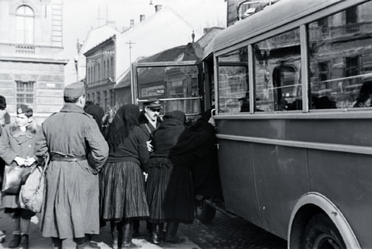 Passengers and bus.