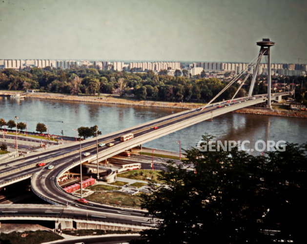 SNP bridge (UFO) and Petrzalka view from Bratislava Castle.