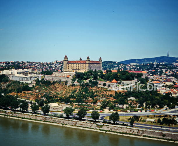 View at the city from the SNP bridge (UFO) - Bratislava Castle.