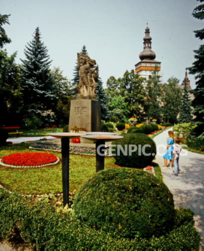 Namestie banikov square - Statue Mound and Roman Catholic Church of St. Catherine of Alexandria.